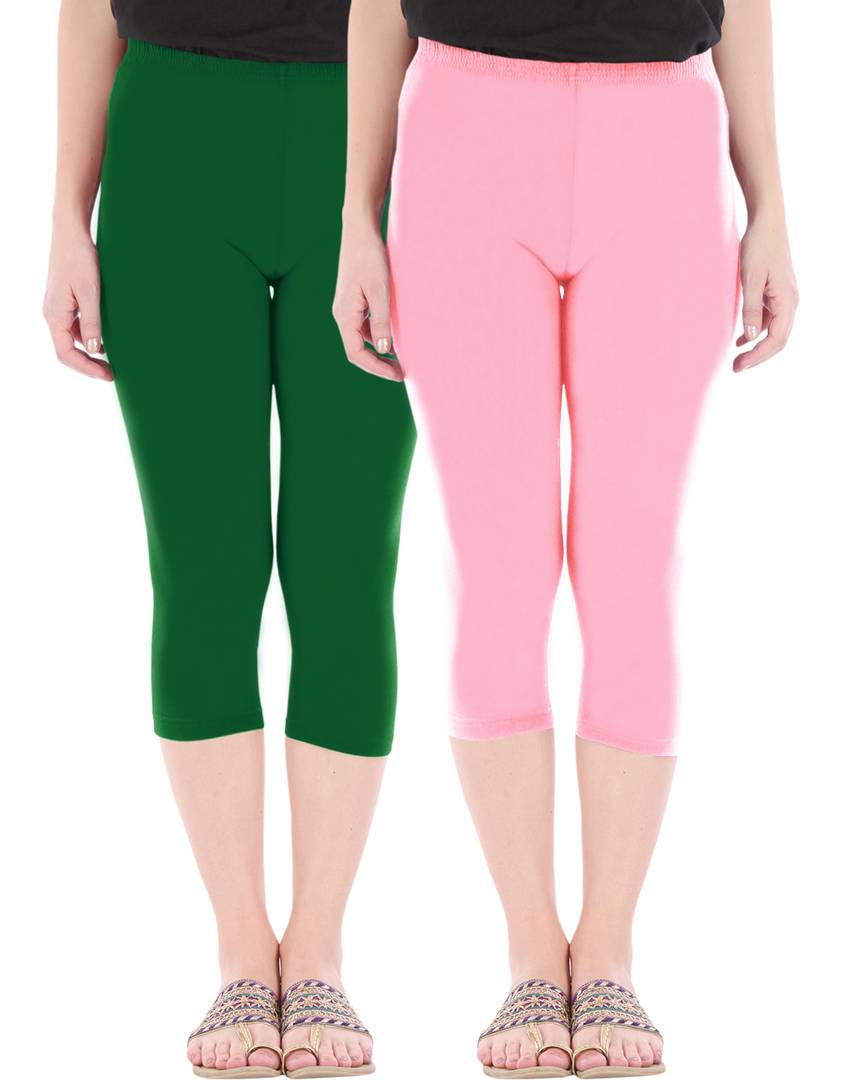 Stunning Cotton Blend Solid Skinny Fit 3/4 Capris Leggings For Women-Pack of 2